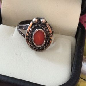 Antique sterling and coral ring, 5.5